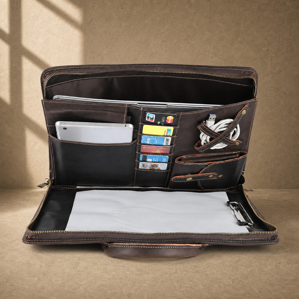 Chocolate cowhide business briefcase packed laptop organizer view