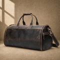 Coffee cowhide garment weekender bag, three-quarter hero view