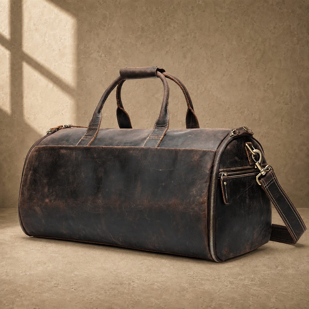 Coffee cowhide garment weekender bag, three-quarter hero view
