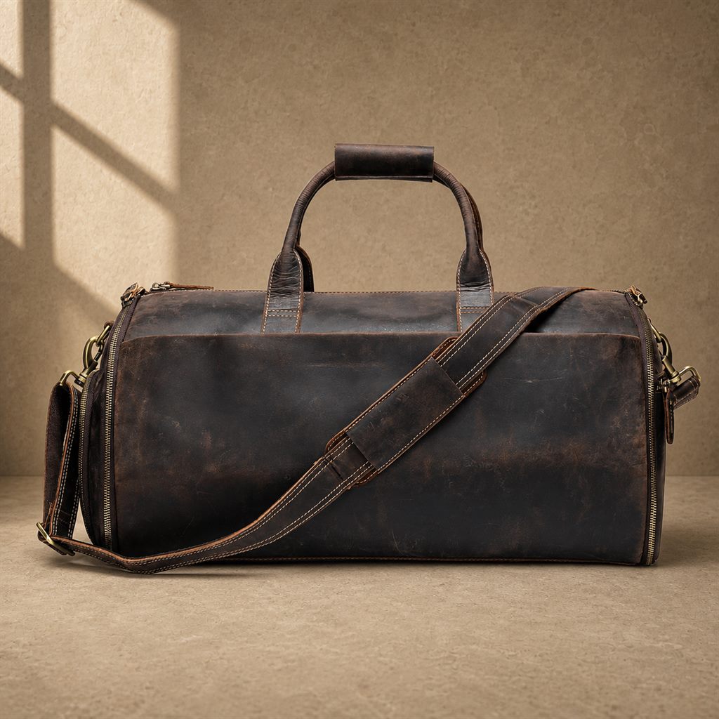 Coffee cowhide garment weekender bag, front view with shoulder strap