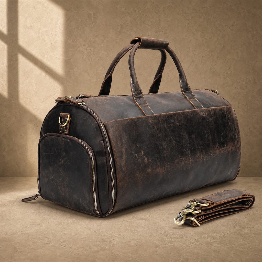 Coffee cowhide garment weekender bag, three-quarter view with detachable strap