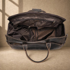 Coffee cowhide garment weekender bag, open main compartment view