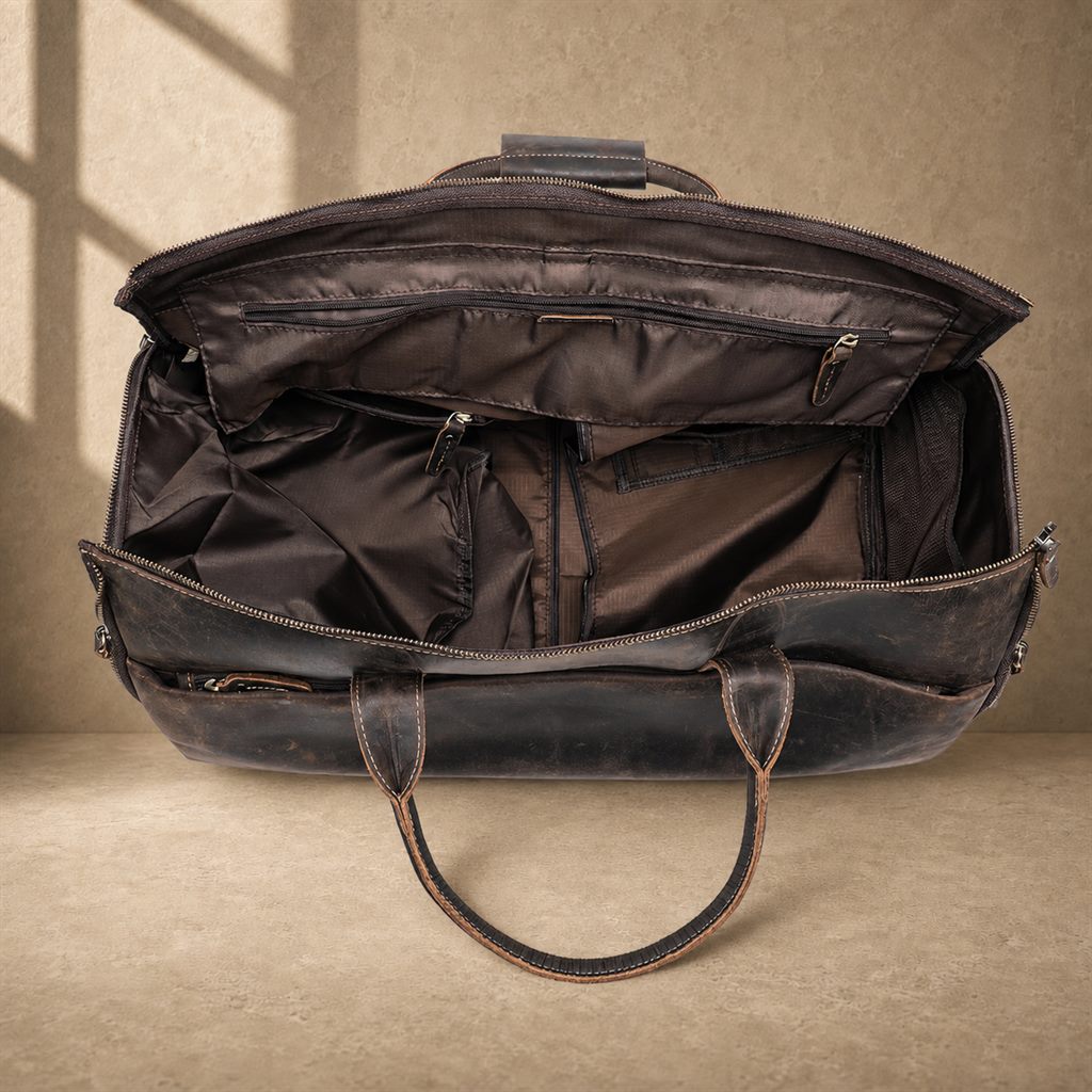 Coffee cowhide garment weekender bag, open main compartment view