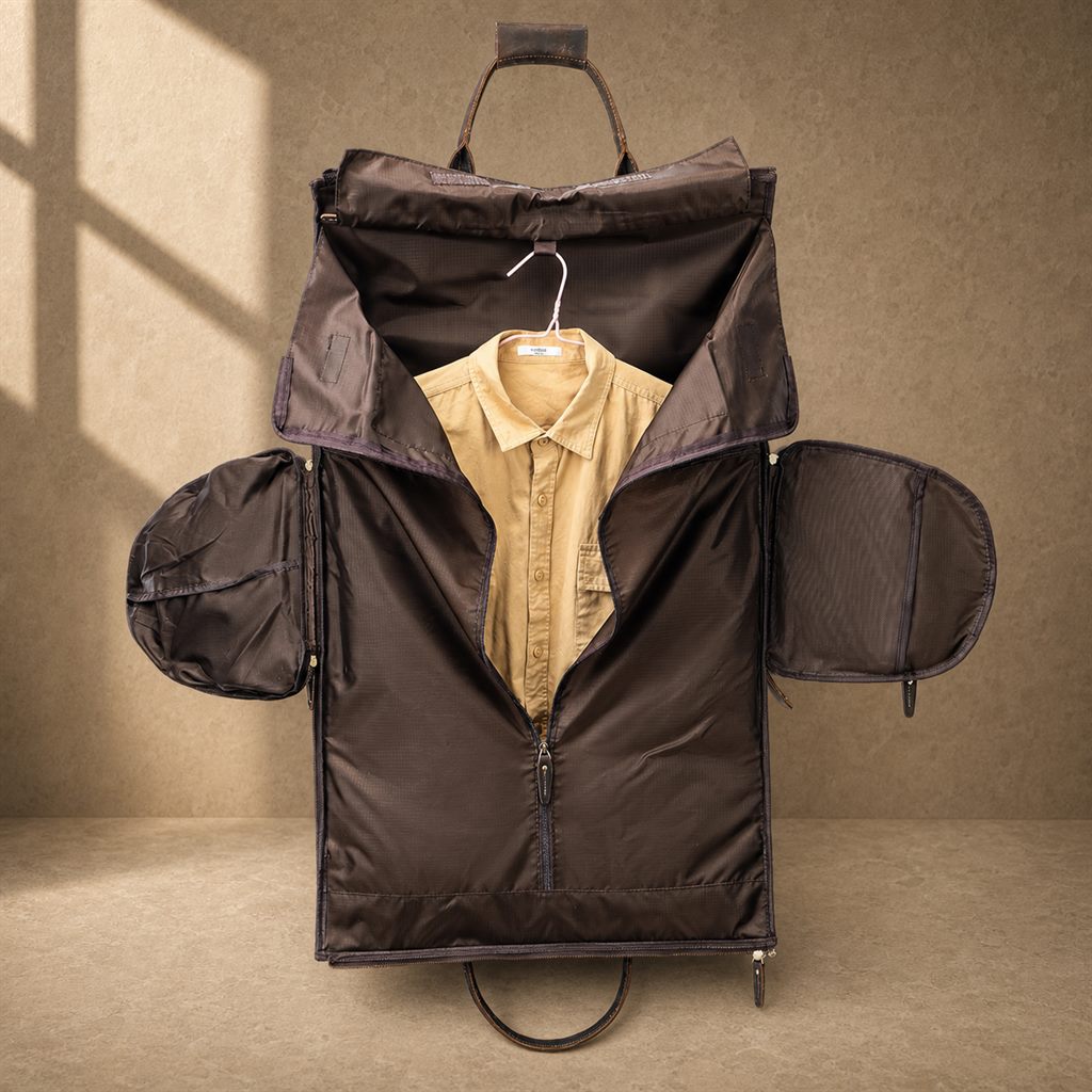 Coffee cowhide garment weekender bag, garment compartment with shirt