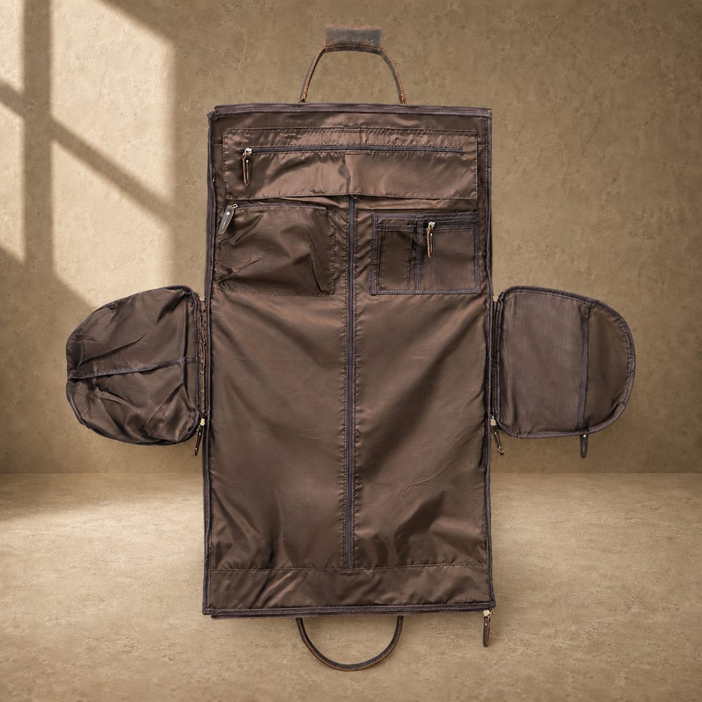 Coffee cowhide garment weekender bag, garment compartment organizer view