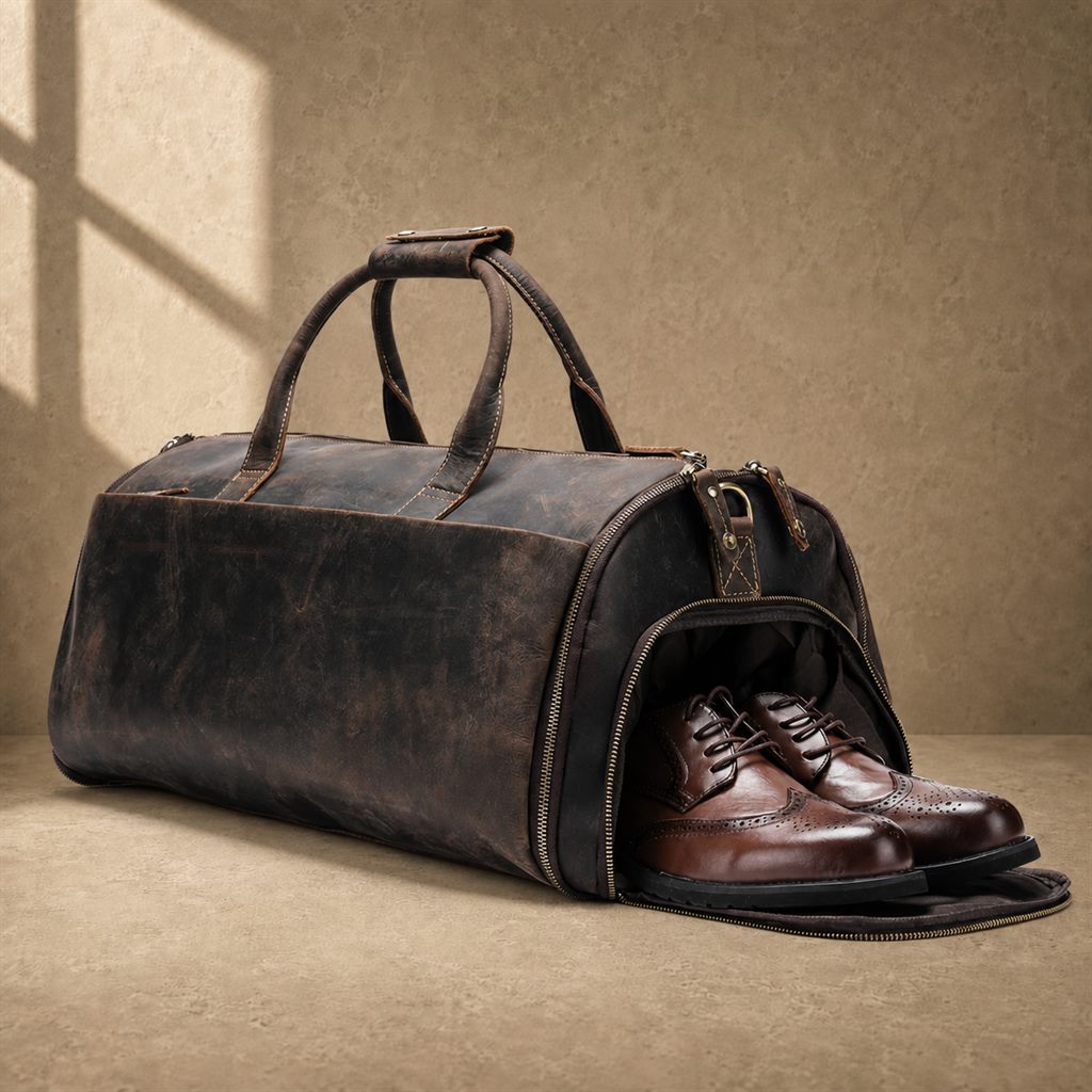 Coffee cowhide garment weekender bag, separate shoe compartment view