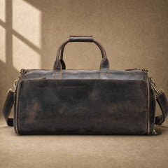 Coffee cowhide garment weekender bag, rear exterior view