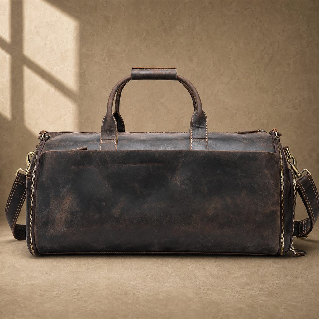 Coffee cowhide garment weekender bag, rear exterior view