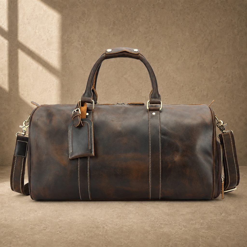 Deep coffee cowhide weekender duffle, front hero view with luggage tag