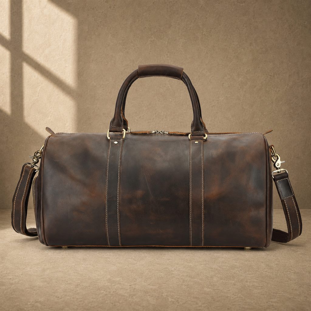 Deep coffee cowhide weekender duffle, rear exterior view