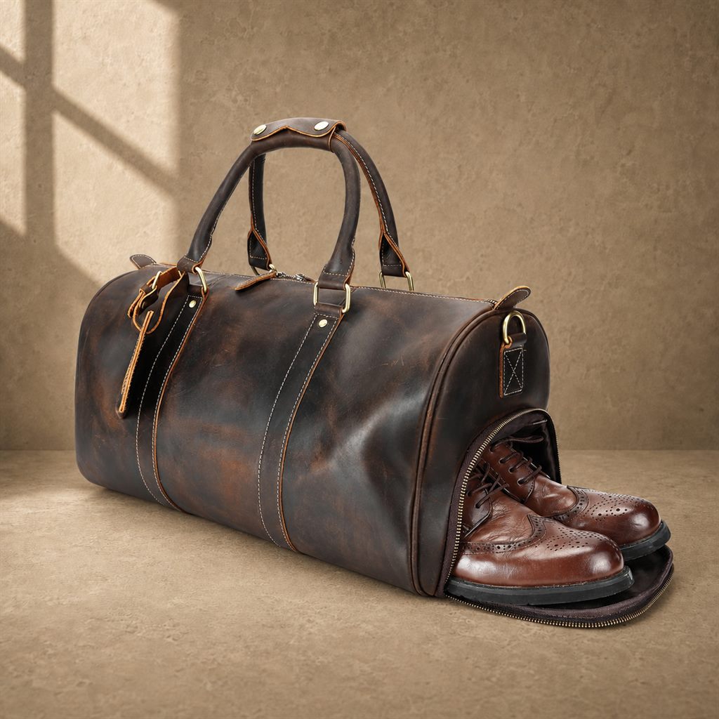 Deep coffee cowhide weekender duffle, open shoe compartment view