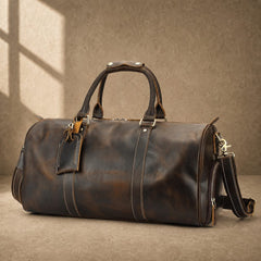 Deep coffee cowhide weekender duffle, three-quarter exterior view