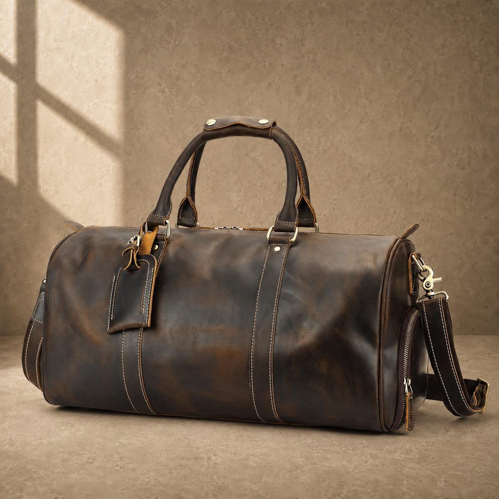 Deep coffee cowhide weekender duffle, three-quarter exterior view