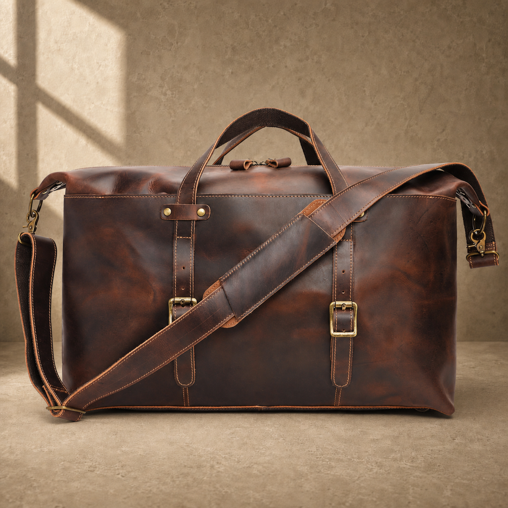 Brown cowhide 17-inch weekender bag front hero view