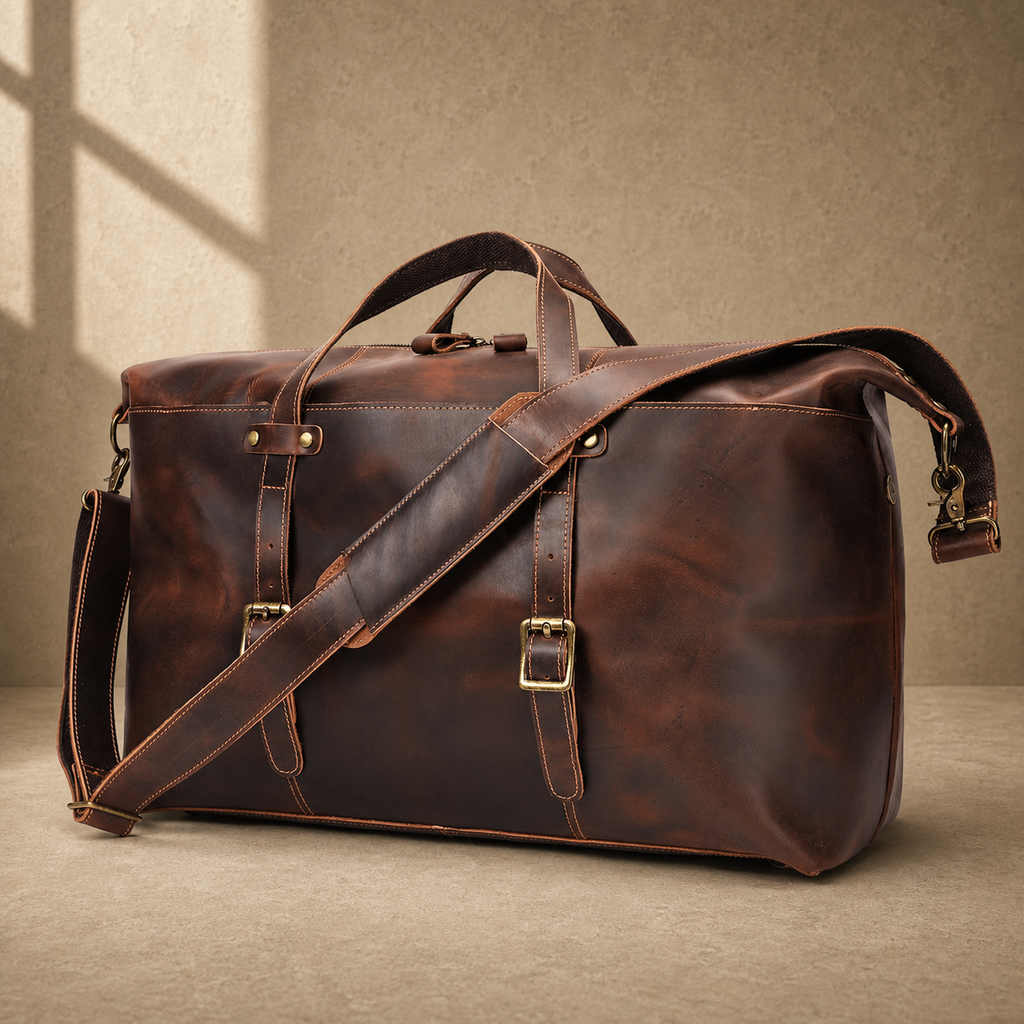 Brown cowhide 17-inch weekender bag three-quarter view