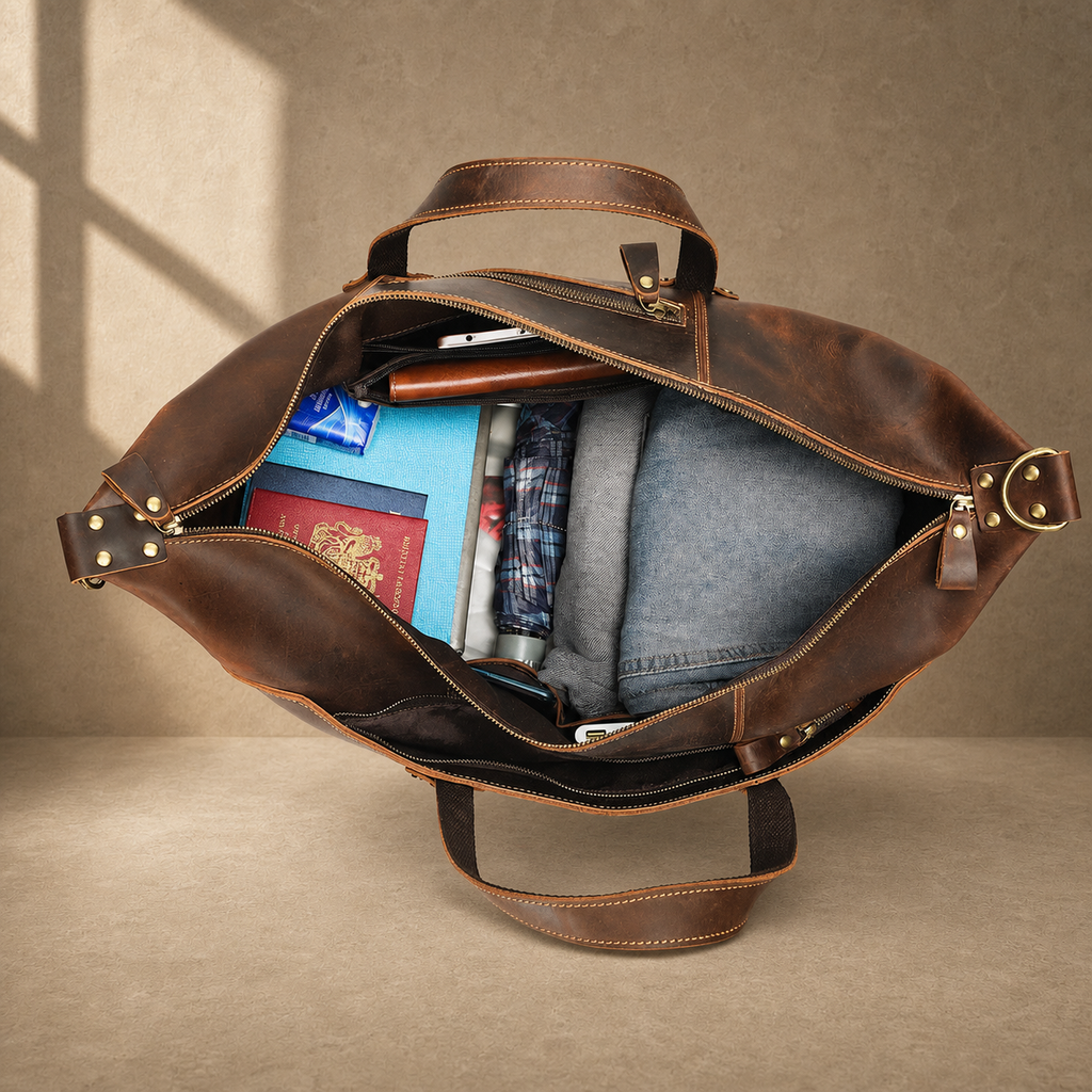 Brown cowhide weekender bag packed capacity view