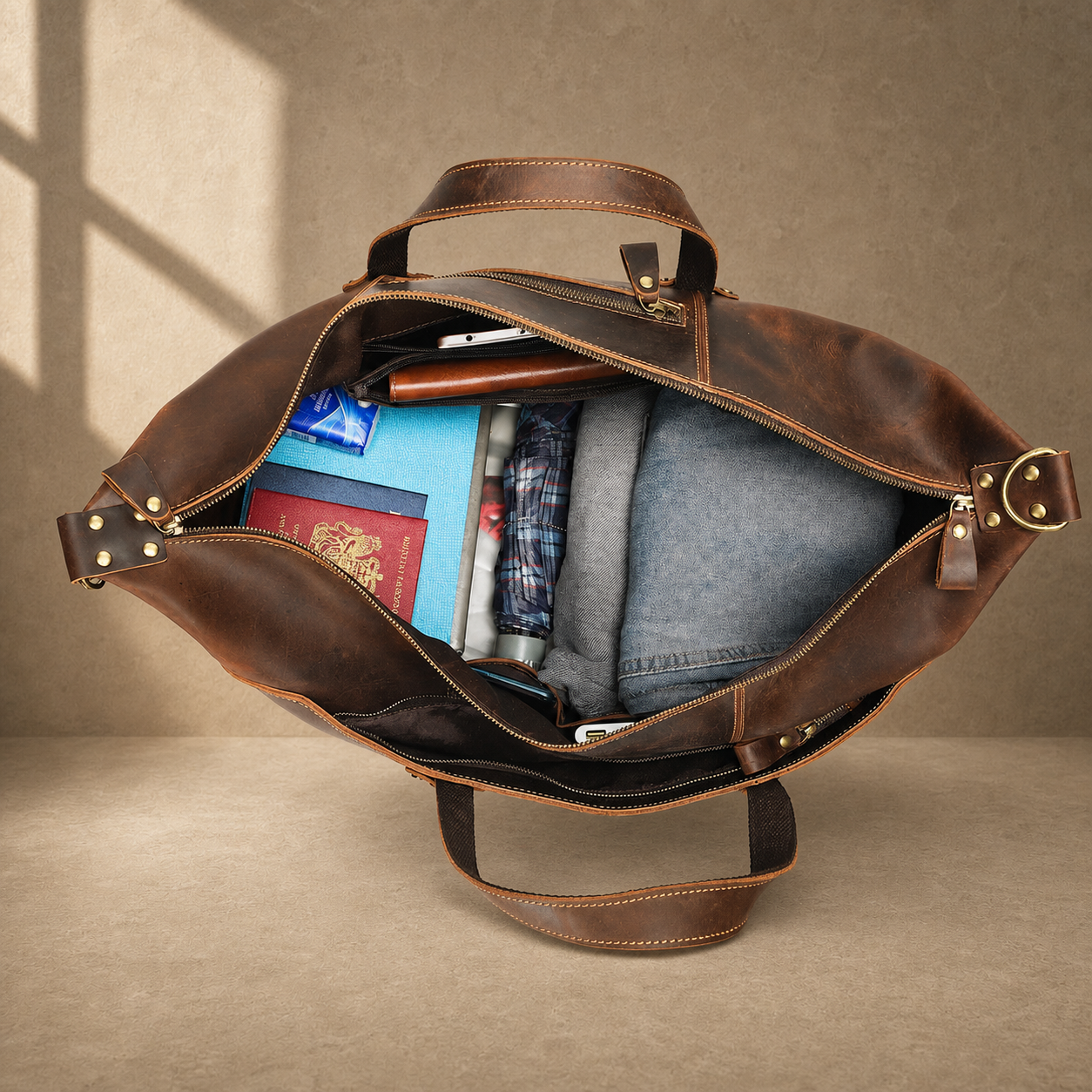 Brown cowhide weekender bag packed capacity view