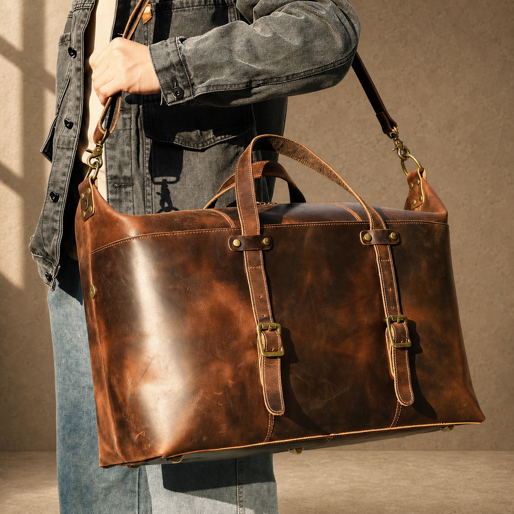 Brown cowhide weekender bag carried with shoulder strap