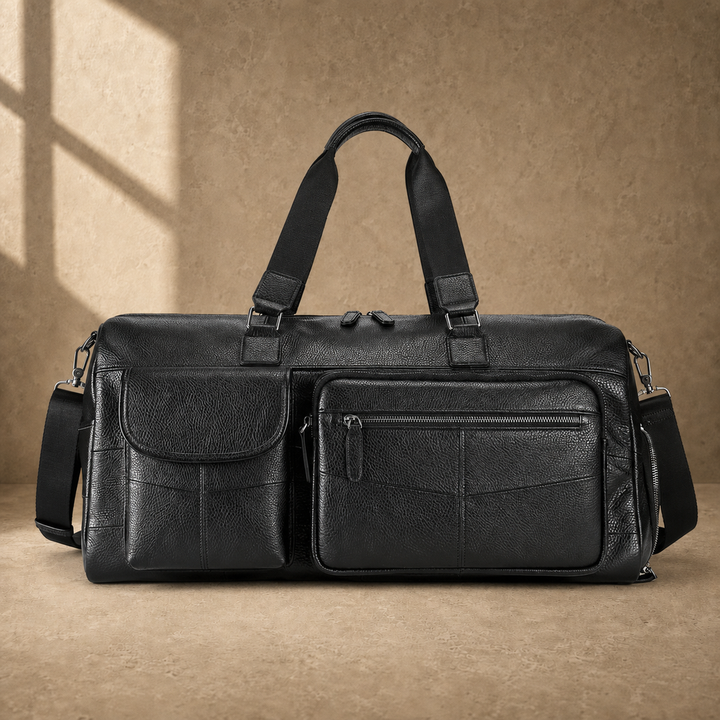Black cowhide travel duffel, straight front hero view