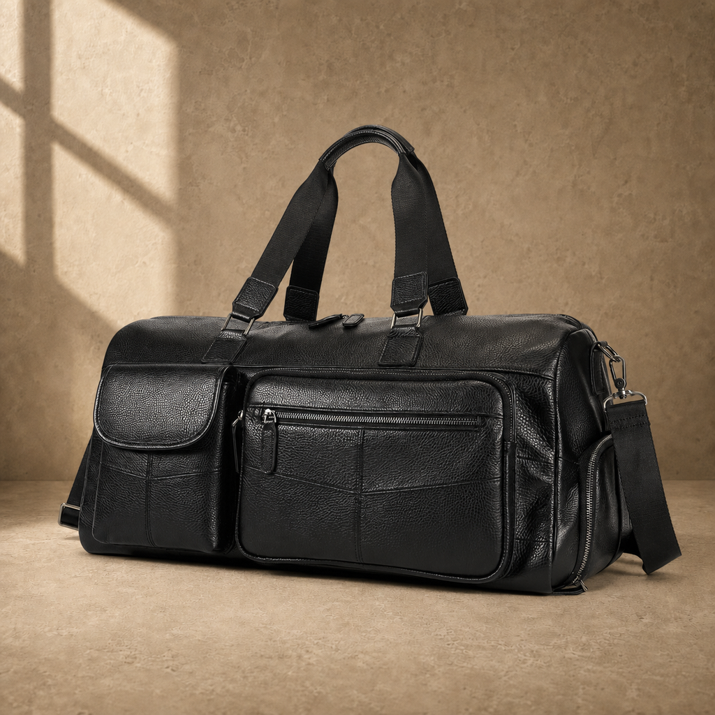 Black cowhide travel duffel, three-quarter front view