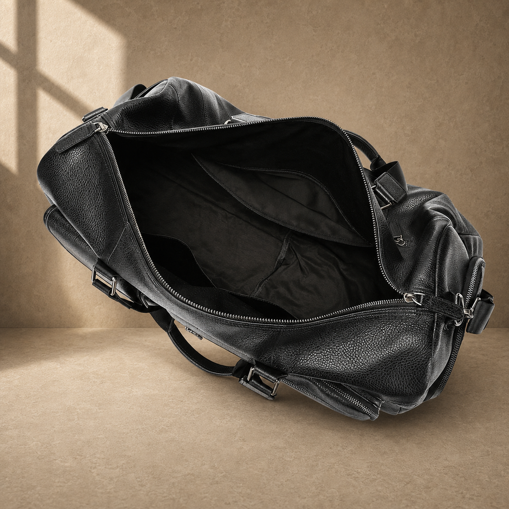 Black cowhide travel duffel, open empty interior view