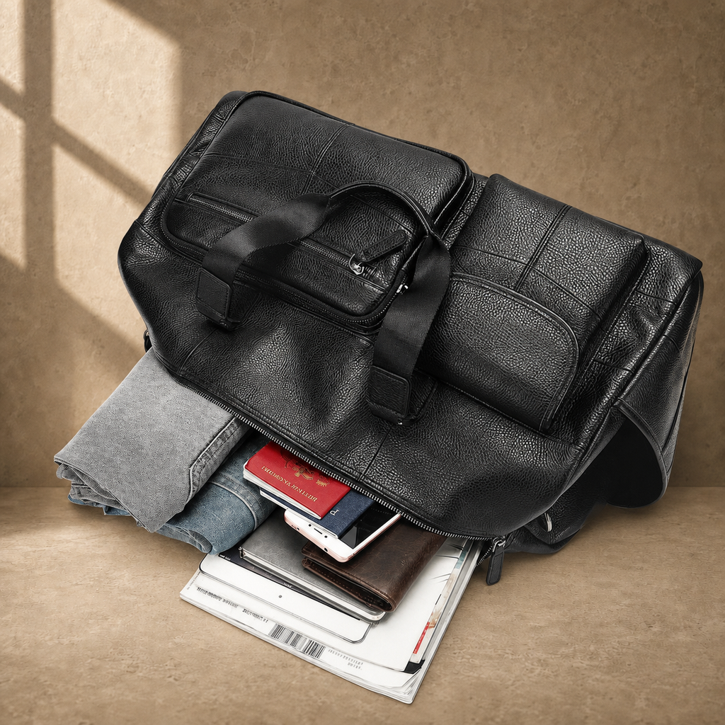 Black cowhide travel duffel, top-down packed capacity view