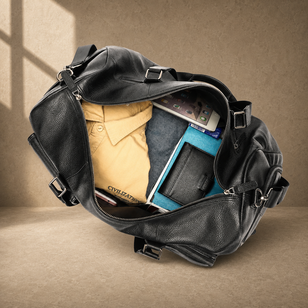 Black cowhide travel duffel, open packed interior view