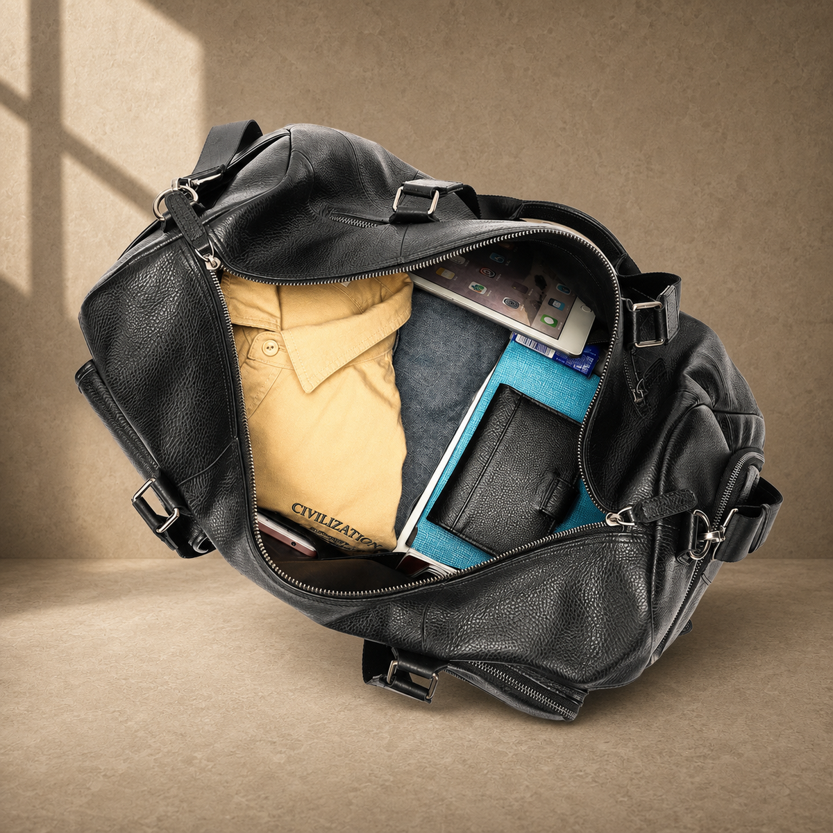 Black cowhide travel duffel, open packed interior view