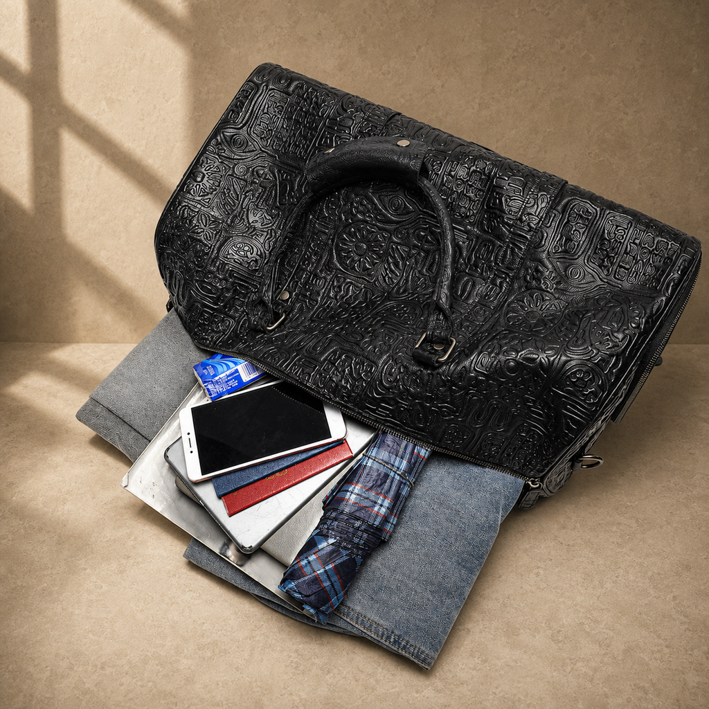 Black embossed leather travel duffel, top-down capacity view