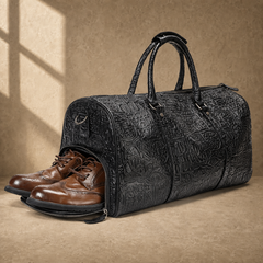 Black embossed leather travel duffel, shoe compartment with footwear