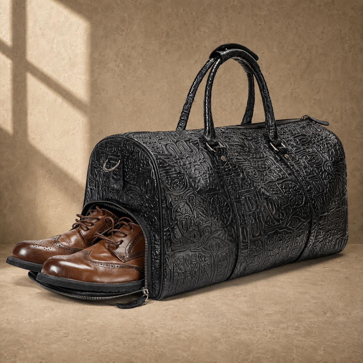 Black embossed leather travel duffel, shoe compartment with footwear