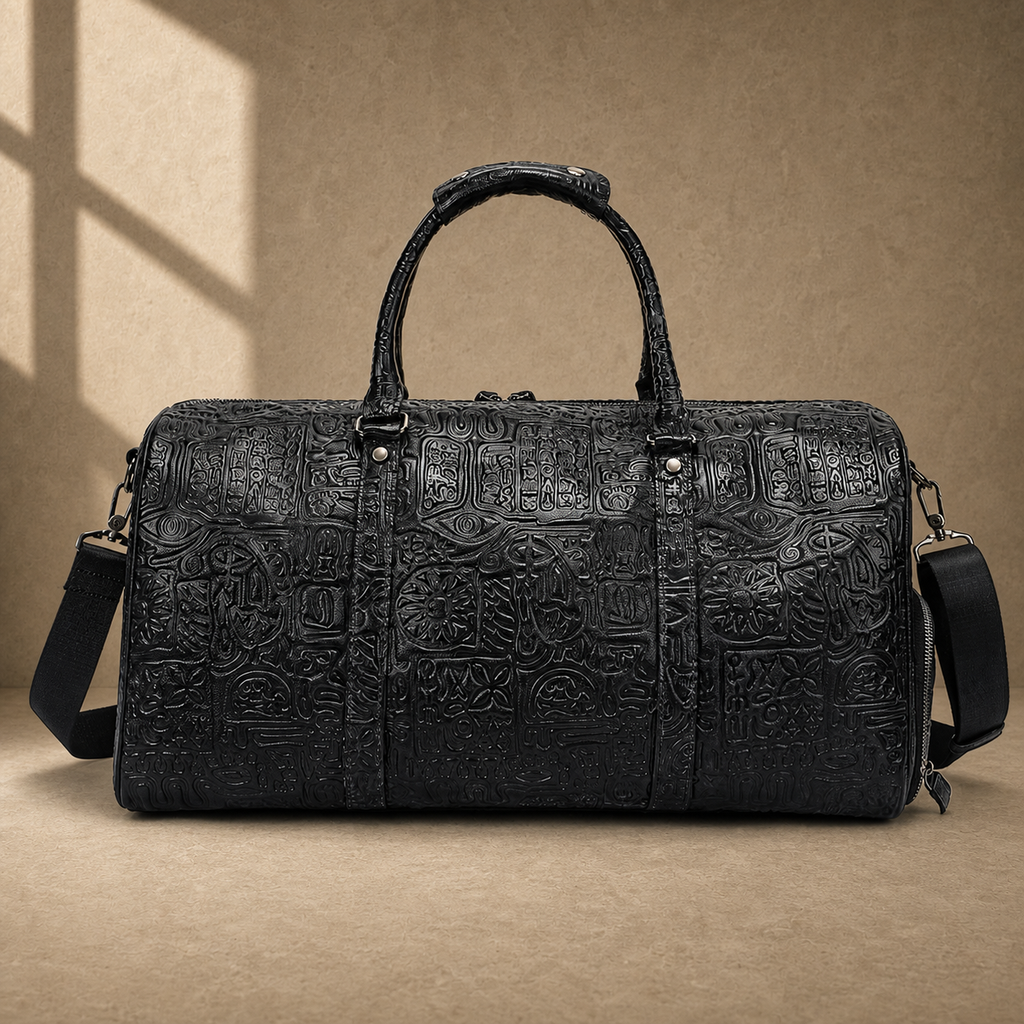 Black embossed leather travel duffel, rear exterior view