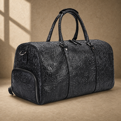 Black embossed leather travel duffel, rear three-quarter view