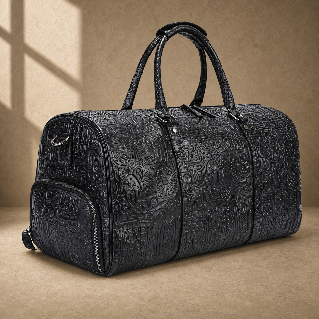 Black embossed leather travel duffel, rear three-quarter view