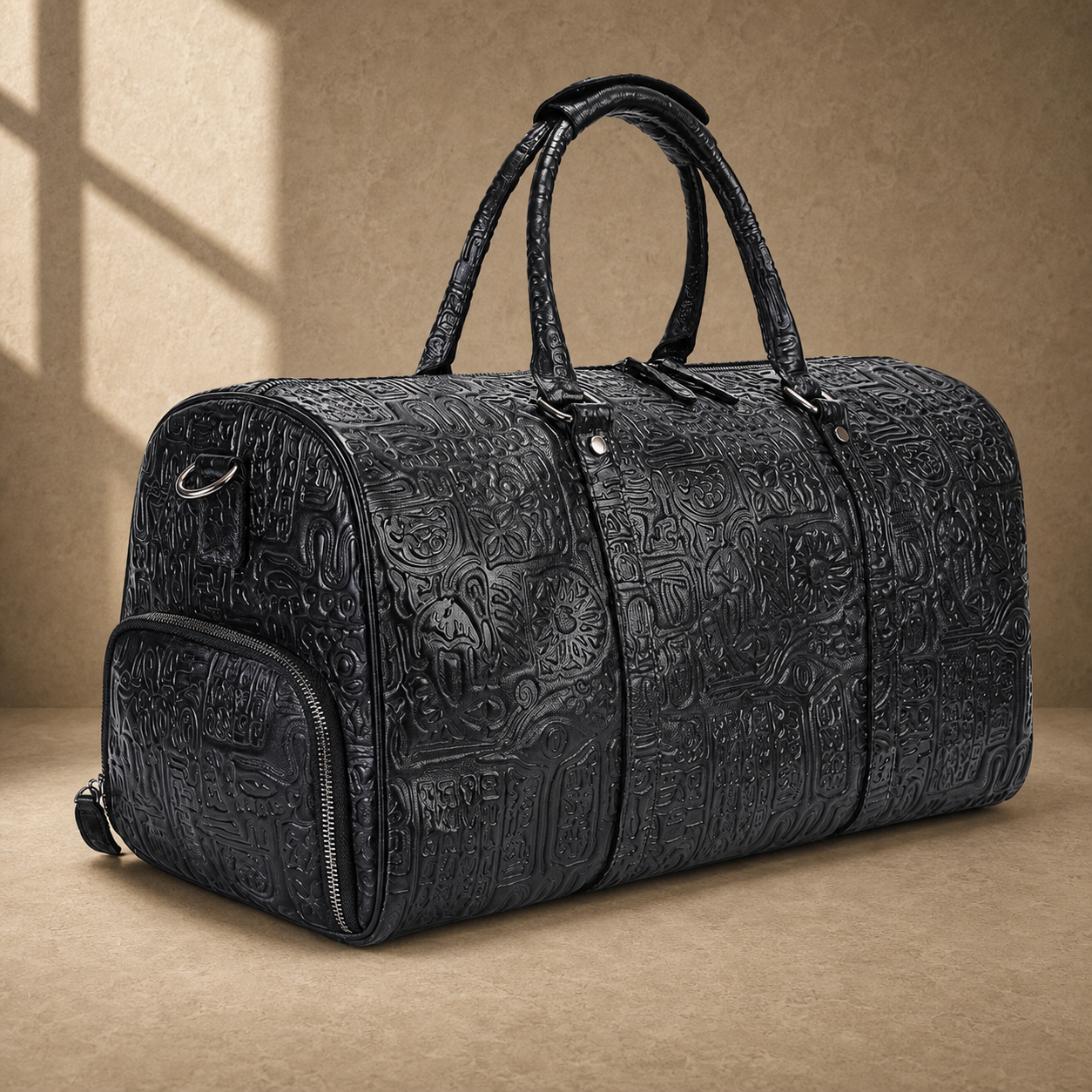 Black embossed leather travel duffel, rear three-quarter view