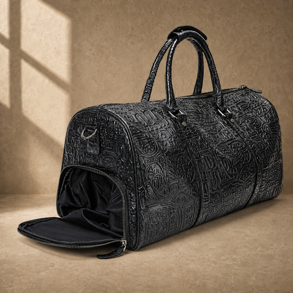 Black embossed leather travel duffel, open empty shoe compartment