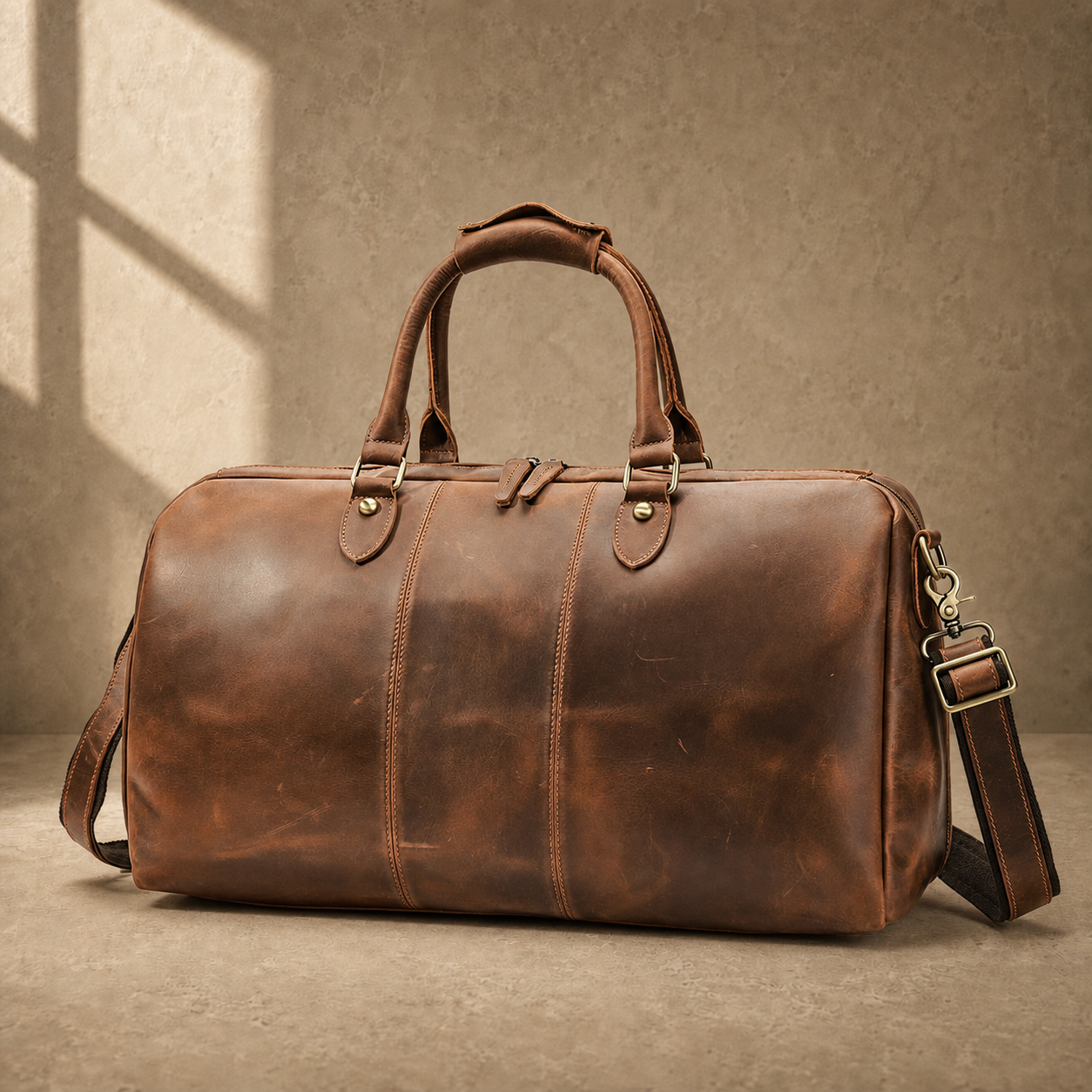 Coffee leather travel duffel, front exterior hero view