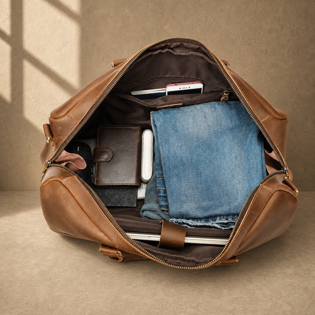 Coffee leather travel duffel, packed main compartment view
