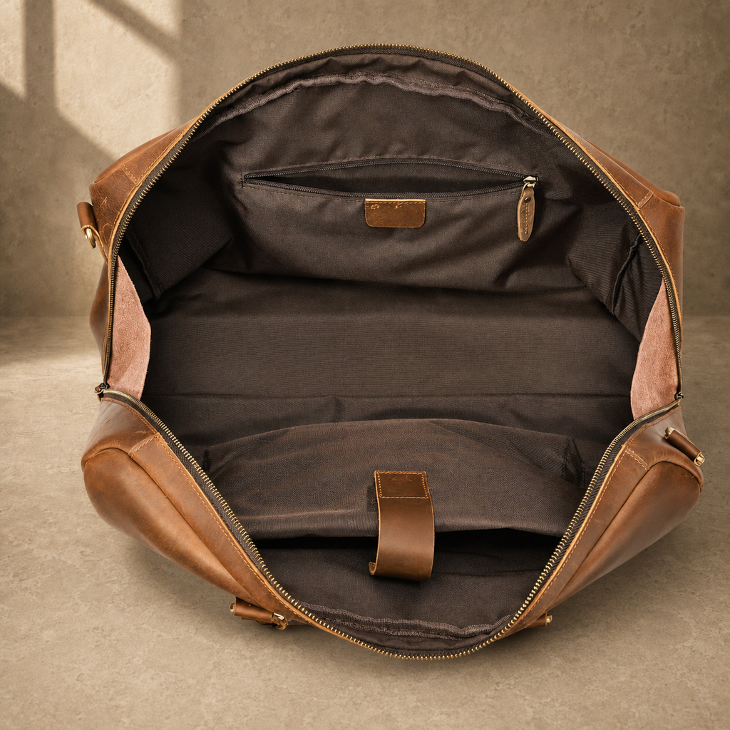 Coffee leather travel duffel, empty interior organizer view