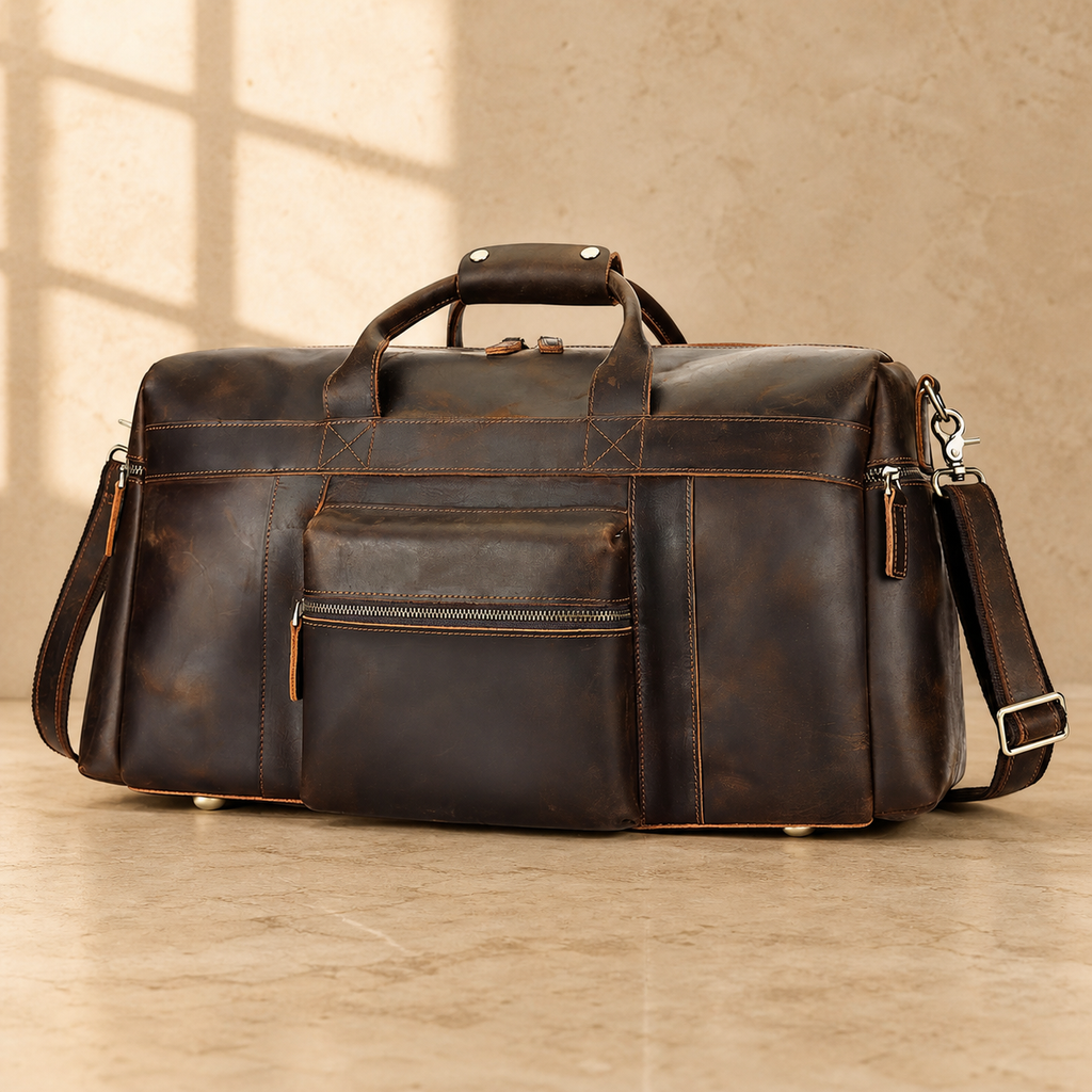 Dark brown cowhide travel duffel bag, front exterior view