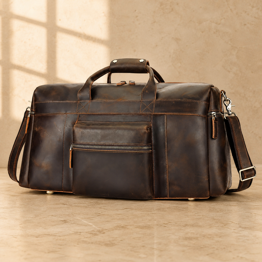 Dark brown cowhide travel duffel bag, front exterior view