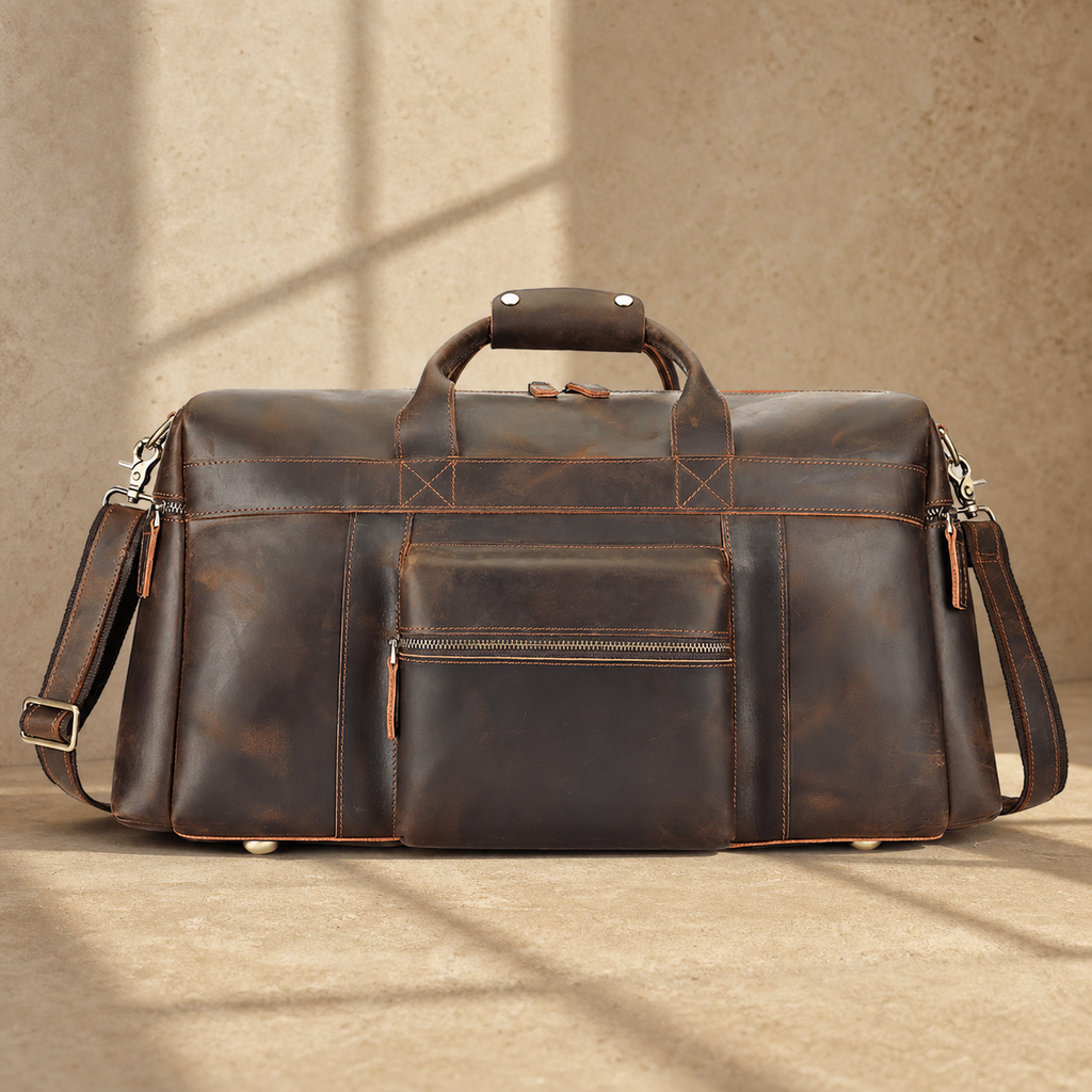 Dark brown cowhide travel duffel bag, alternate exterior view