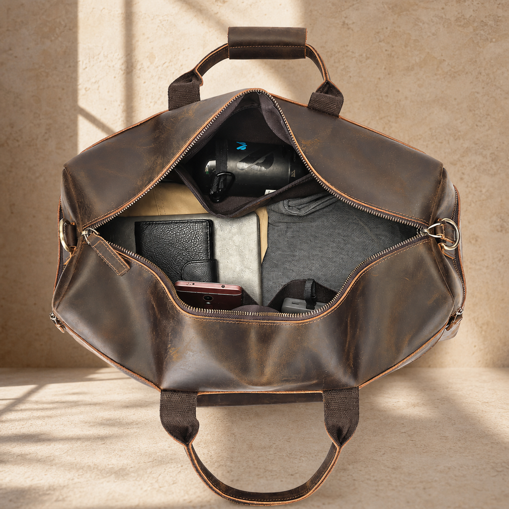 Dark brown cowhide travel duffel bag, packed capacity view