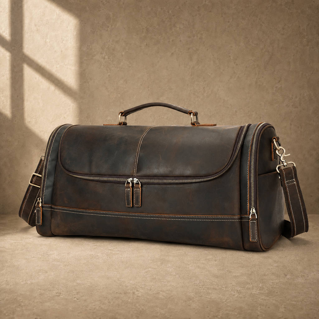 Dark brown leather travel duffel bag, front three-quarter hero view