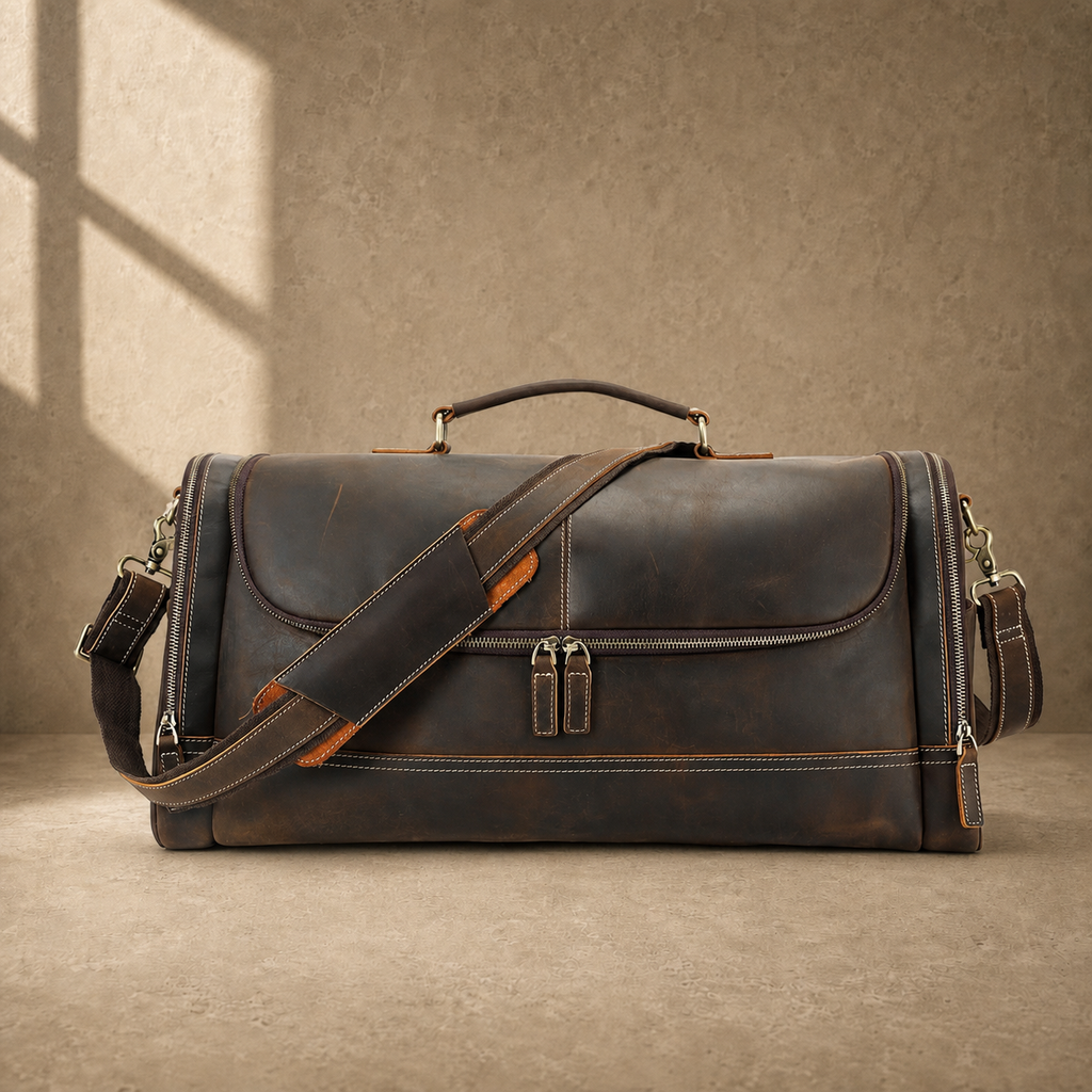 Dark brown leather travel duffel bag, front view with shoulder strap