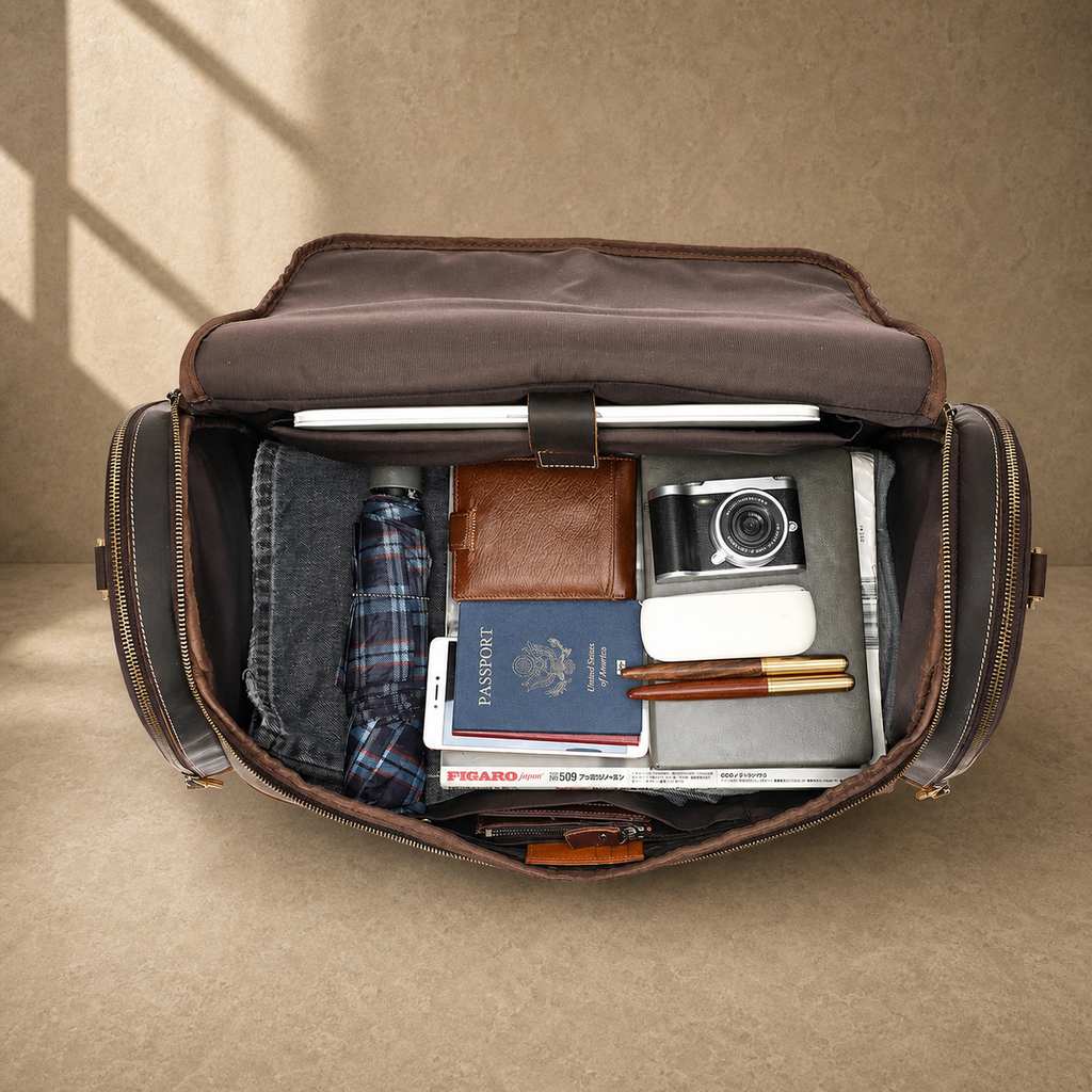 Dark brown leather travel duffel bag, packed main compartment view
