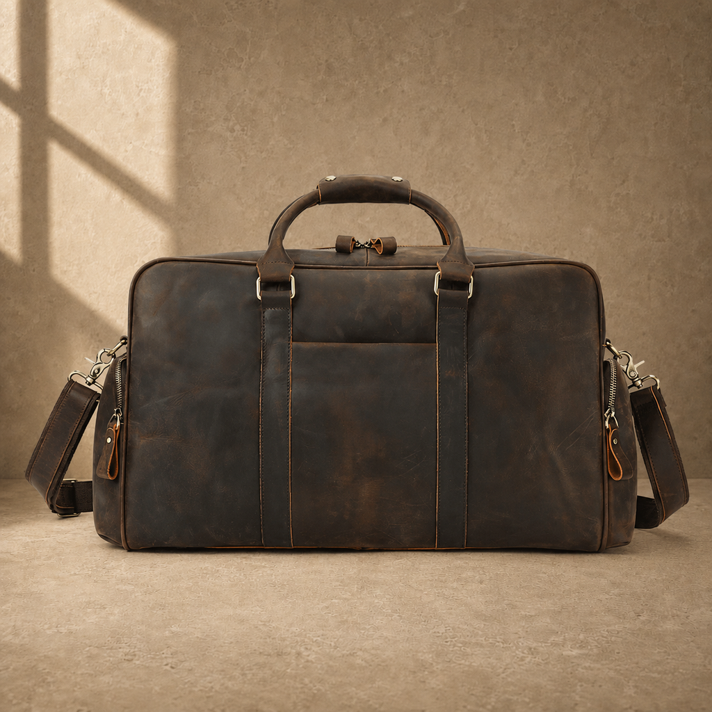 Deep coffee leather weekender duffel, rear exterior view
