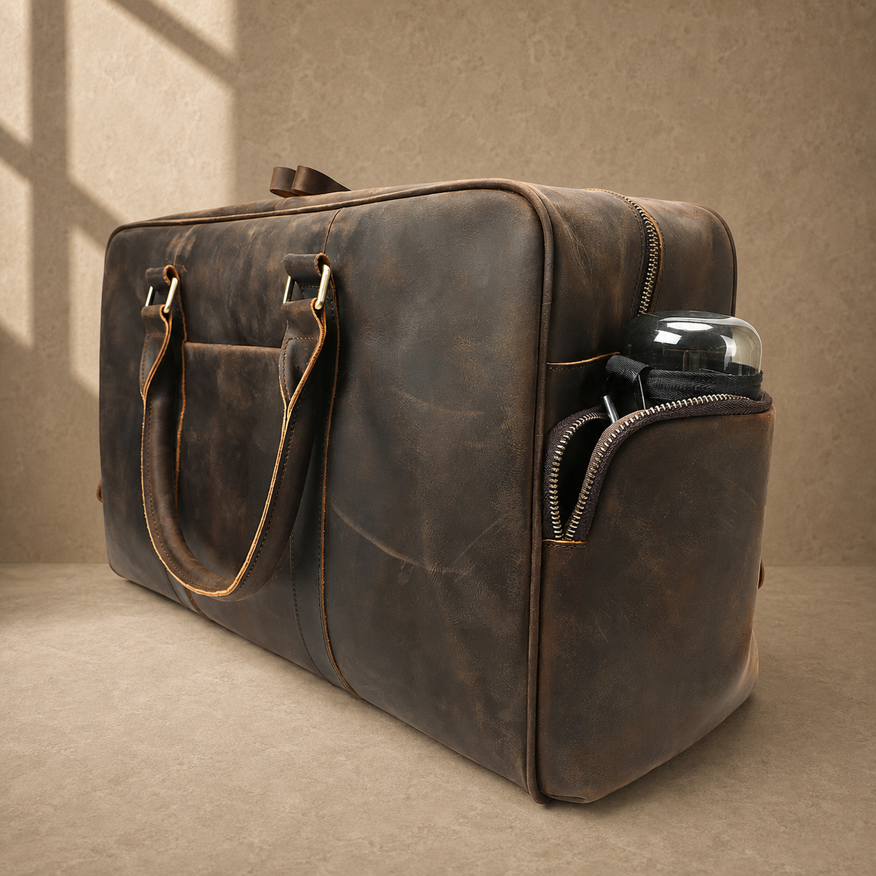 Deep coffee leather weekender duffel, side pocket capacity view