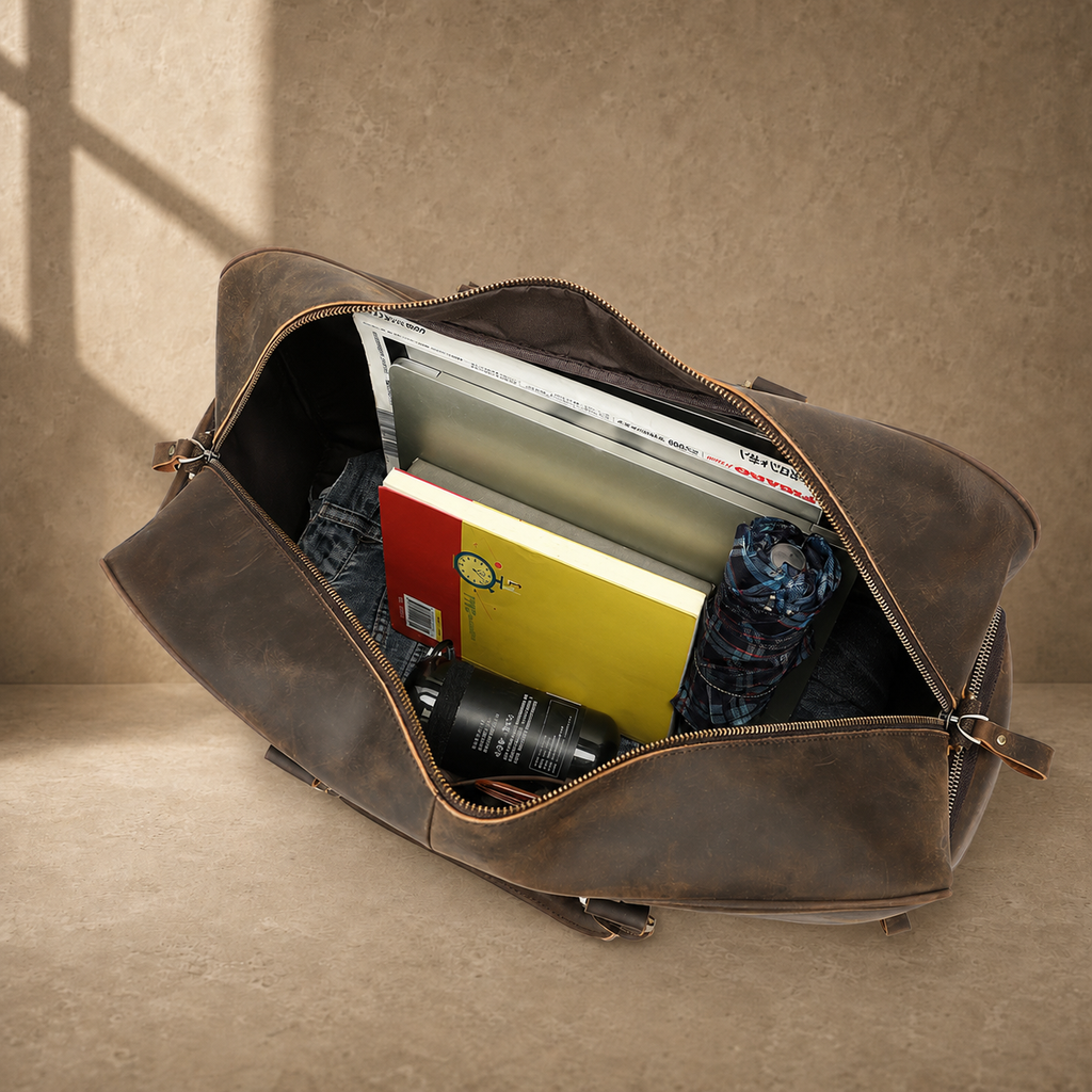 Deep coffee leather weekender duffel, packed main compartment view