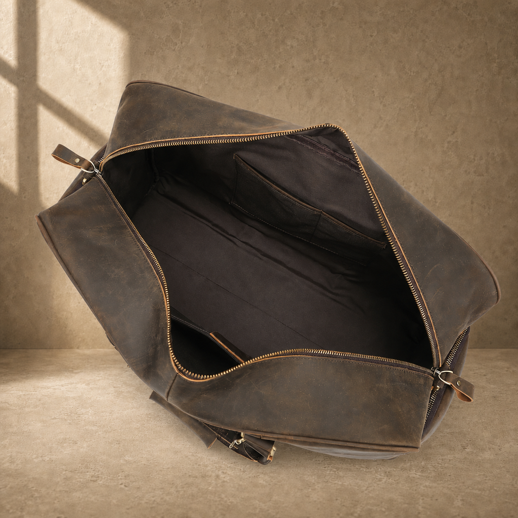 Deep coffee leather weekender duffel, empty main compartment view